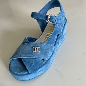 Chanel 24P Open Toe Platform Blue Suede Sandals 37